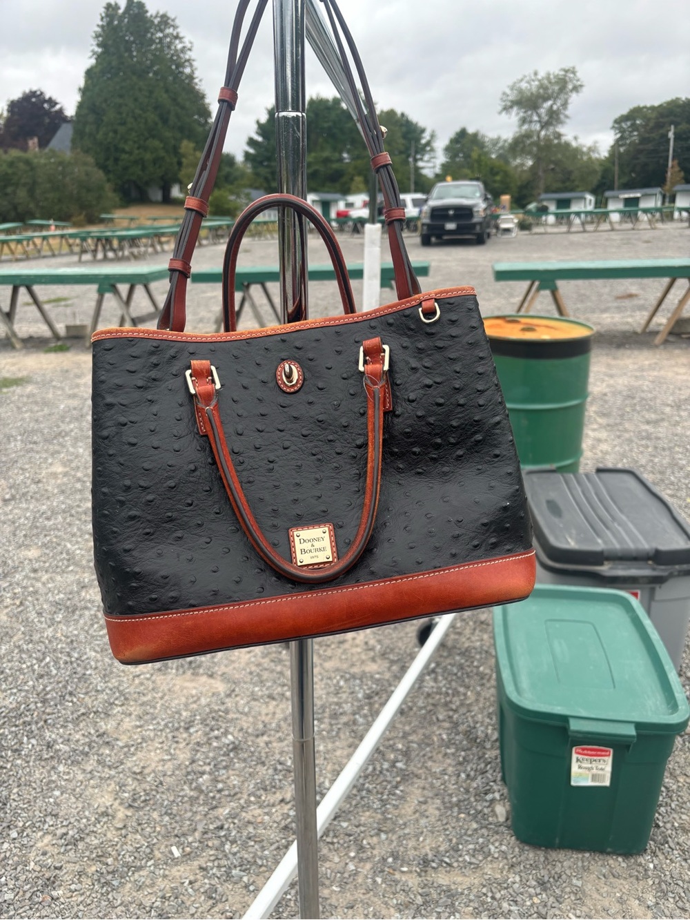 Dooney & Bourke Black and Brown Ostrich-Embossed Satchel
